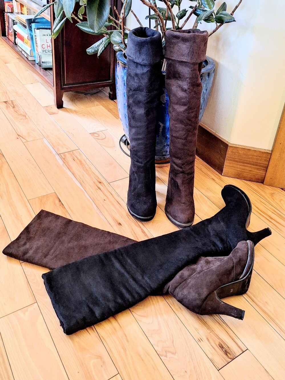 Boho Thick Suede Over The Knee Fold Down Platform Boots Black and Brown